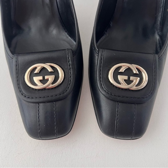 GUCCI | Black Leather GG Interlocking Logo Square Toe Pumps Heels Vintage US 8 - Picture 3 of 14